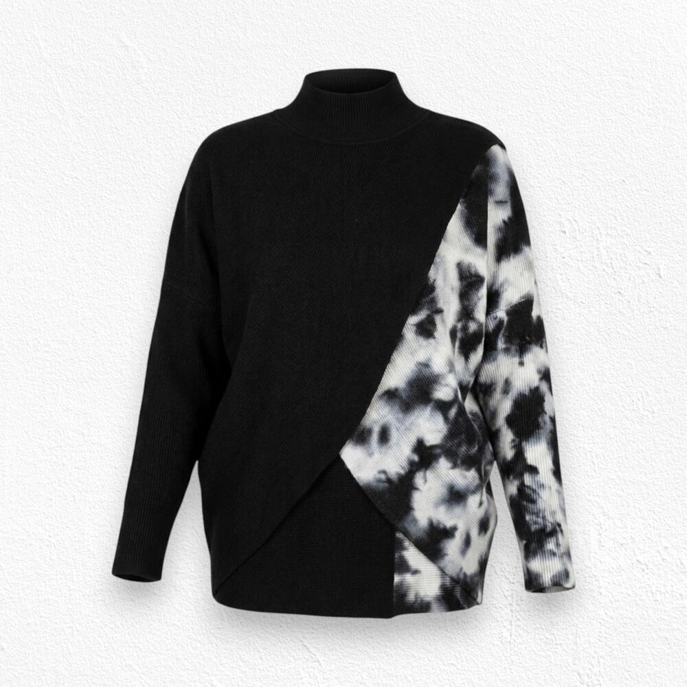 Elan Black White Tie Dye Front Wrap Turtleneck Ribbed Knit Sweater Size Small